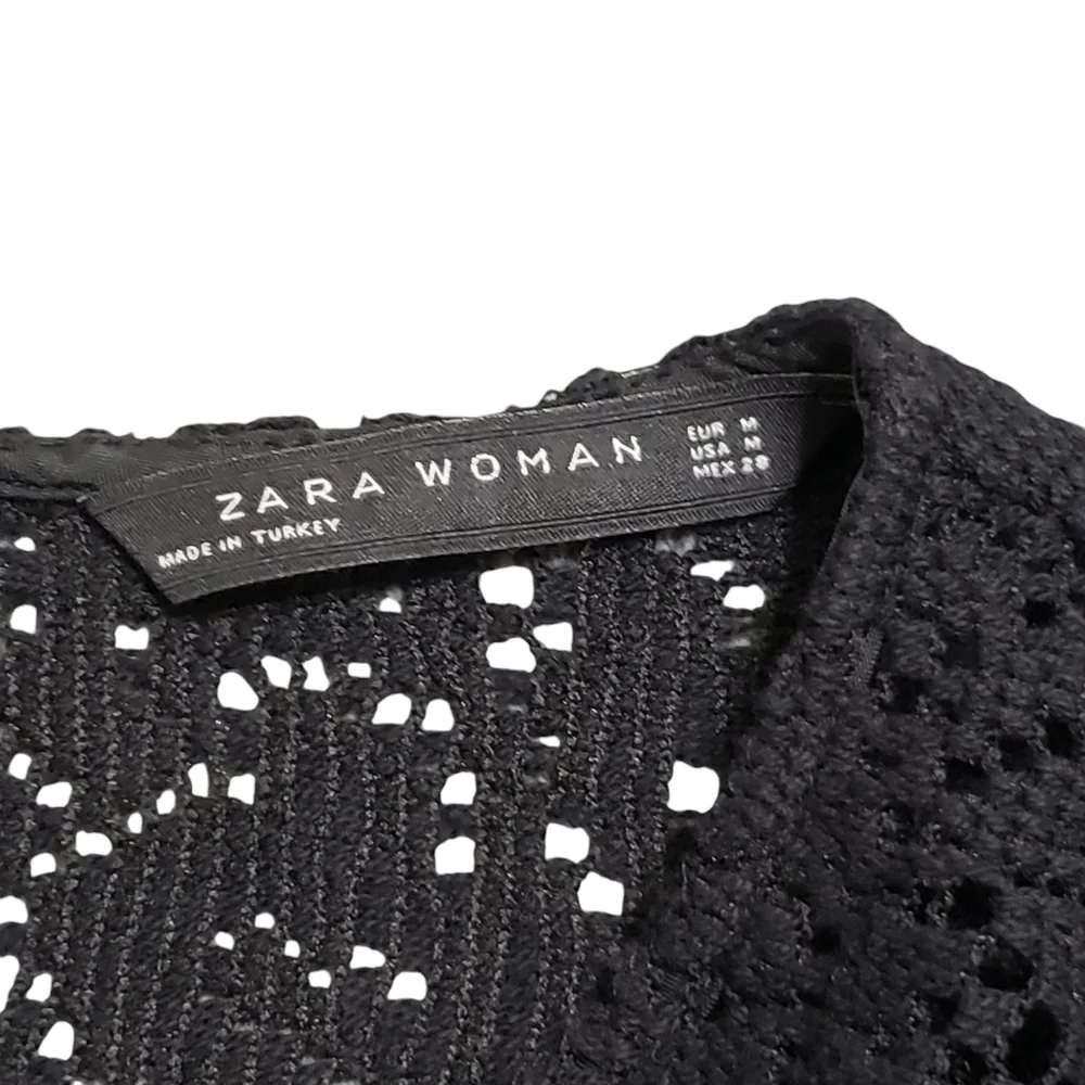 Zara Woman Black Crochet Knit Lace Top  Medium Bell Sleeve Whimsigoth Boho Witch